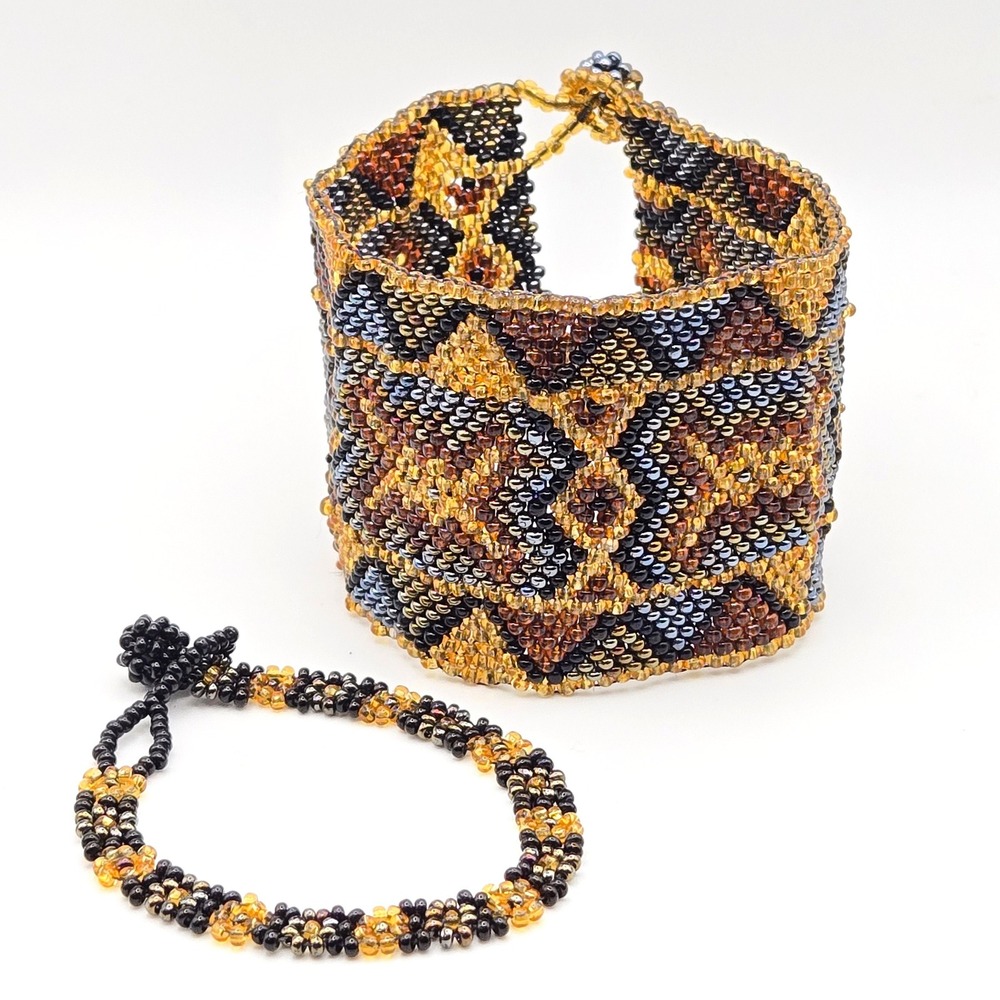 Handmade Seed Bead Bracelet Set‎ Vintage Artisan Beaded Cuff Chain Gold Bronze